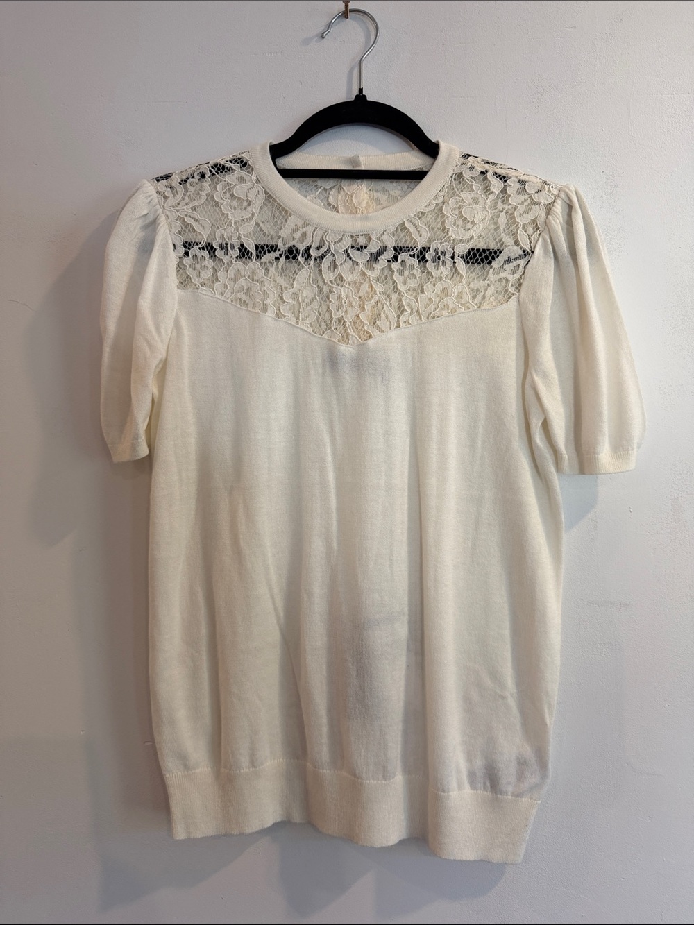 Lauren Ralph Lauren Cream Lace Yoke Short Sleeve Top